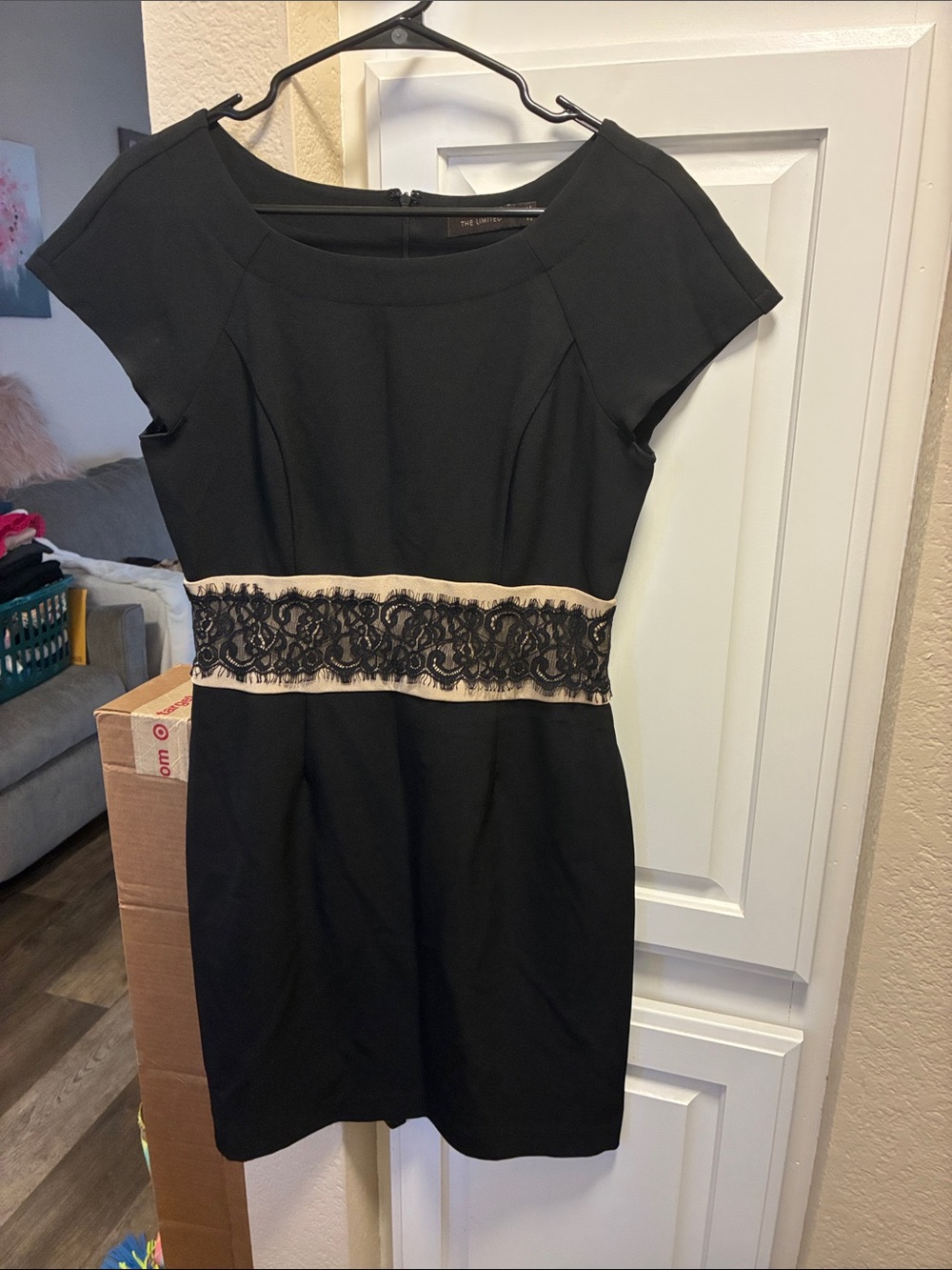 The Limited Black Dress with tan Waist and Black Lace